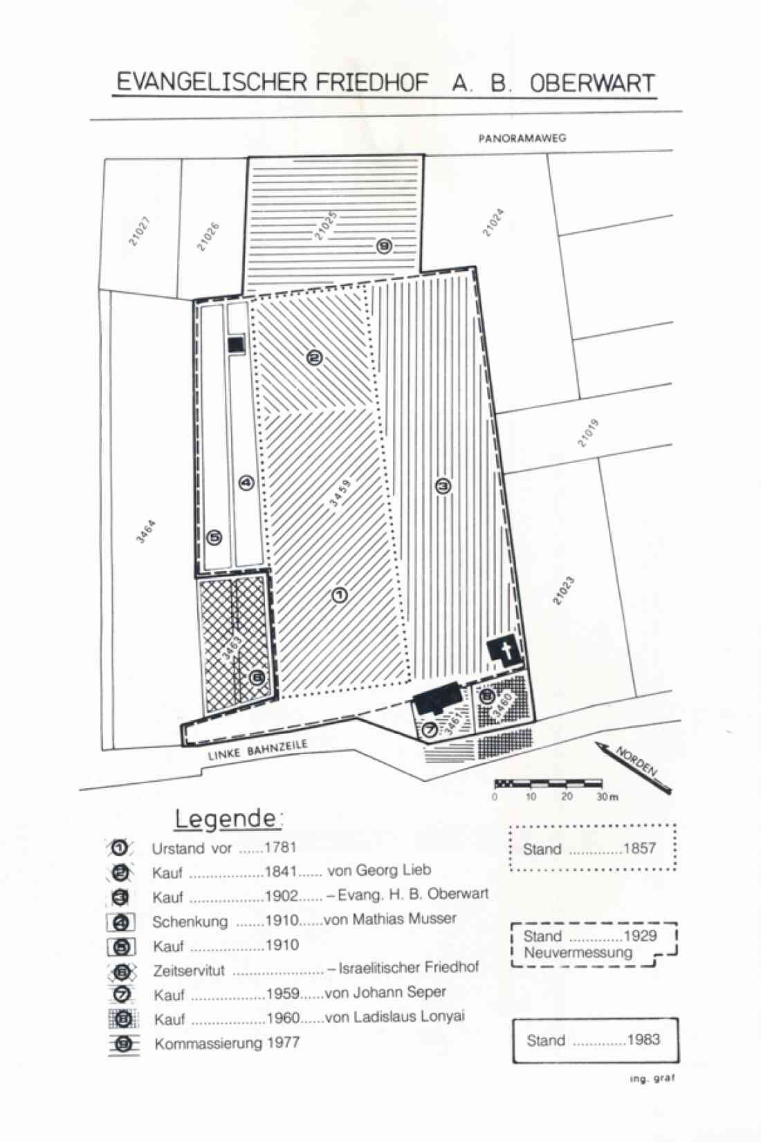 Evang. Pfarre AB: informativer Plan des Friedhofs von 1781 - 1983