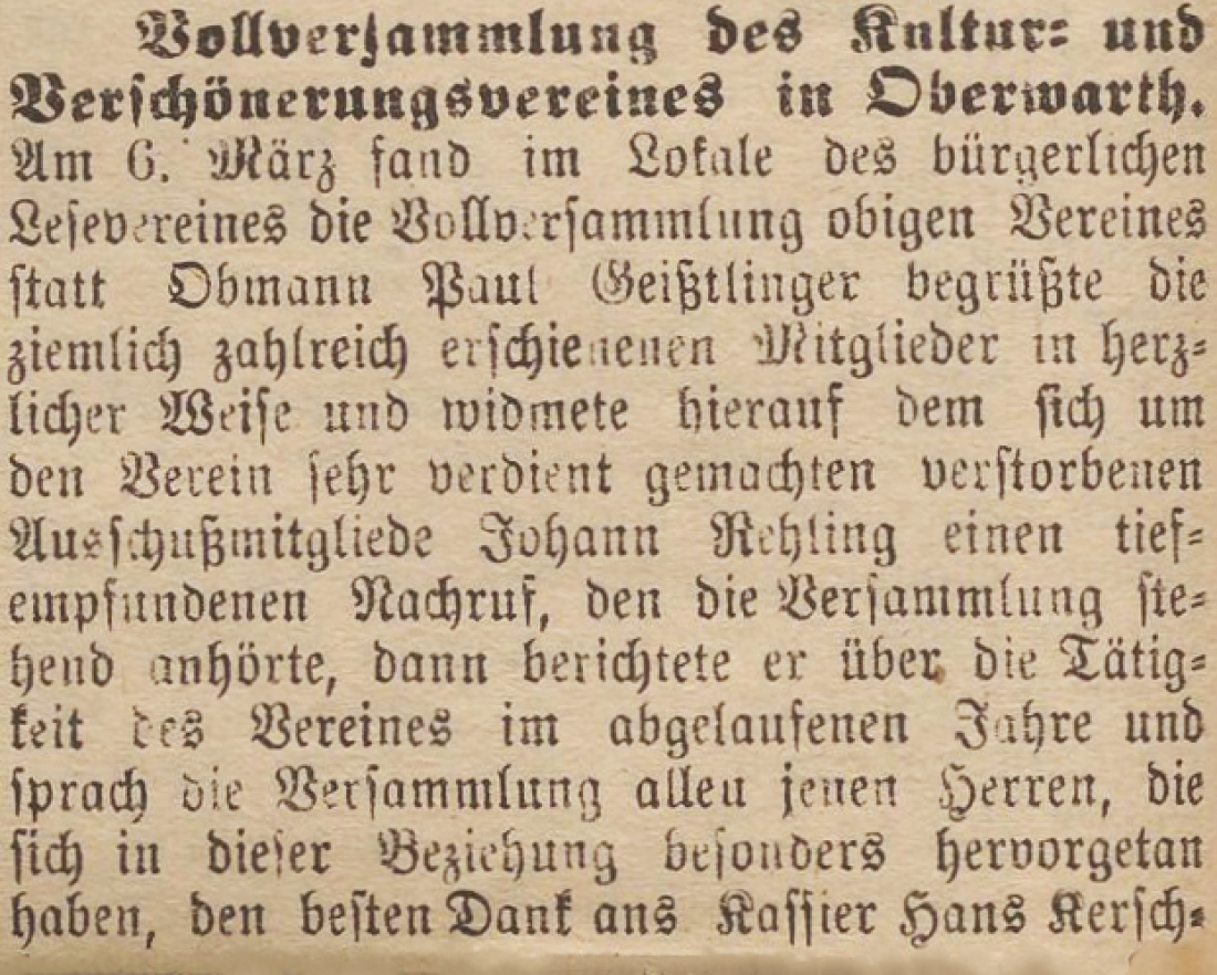Oberwarther Sonntags = Zeitung vom 11. März 1923: Vollversammlung des Kultur- und Verschönerungsvereines