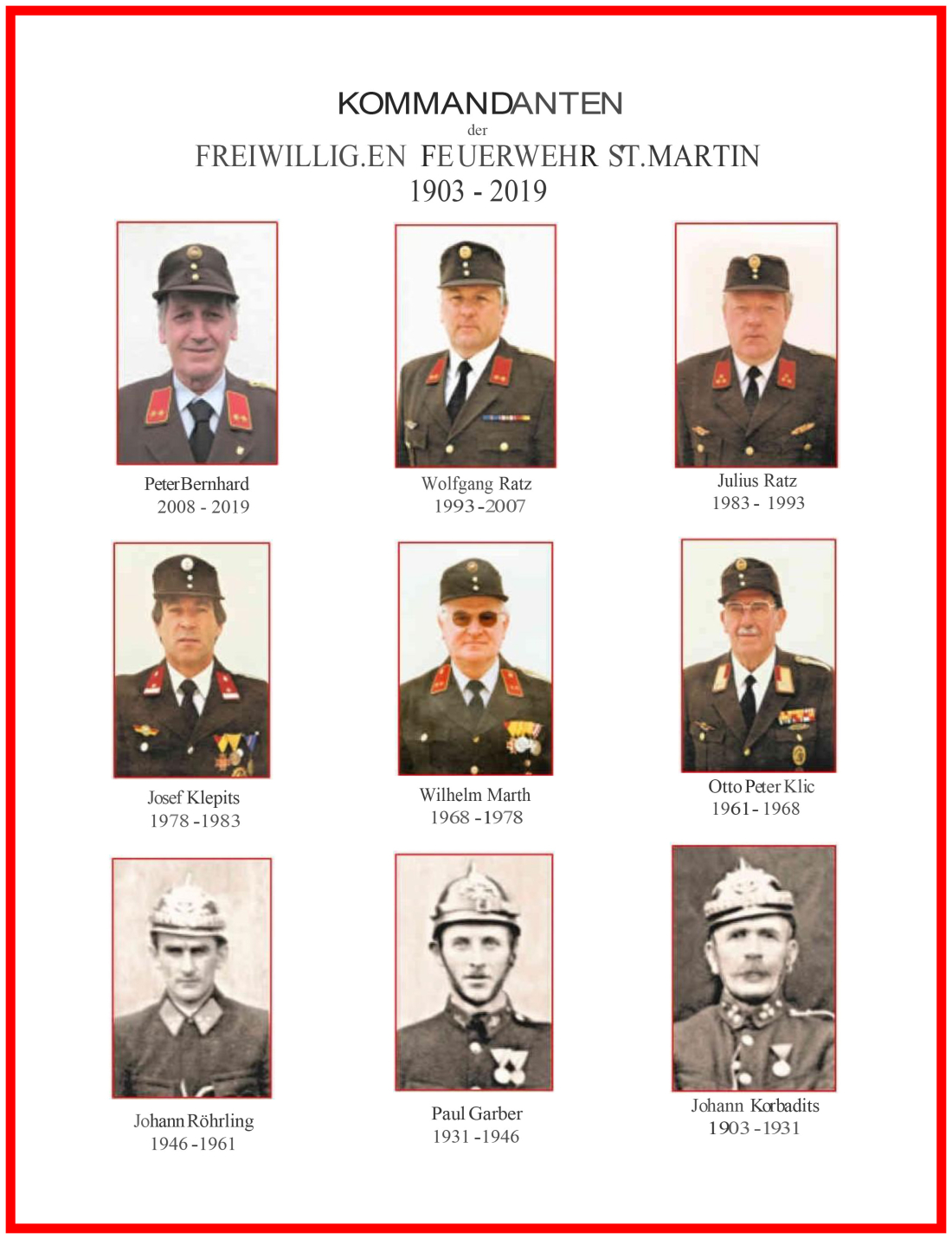 Kommandanten der Freiwilligen Feuerwehr St. Martin (Bernhard/Ratz/Klepits/Marth/Klic/Röhrling/Garber/Korbadits)