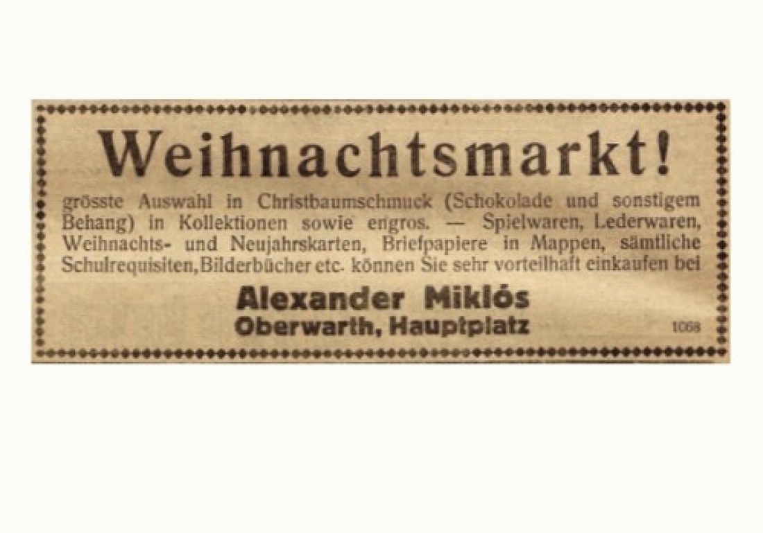 Anzeige der Trafik Alexander Miklos (Hauptplatz 7) über einen Weihnachtsmarkt in der Oberwarther Sonntags = Zeitung vom 19. Dezember 1926