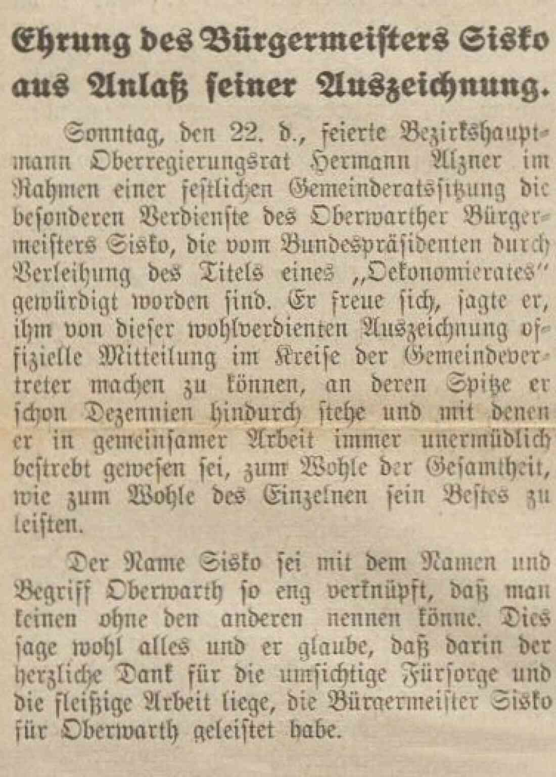 Oberwarther Sonntags-Zeitung vom 29. September 1929: Ehrung von Bgm. Sisko aus Anlaß seiner Auszeichnung
