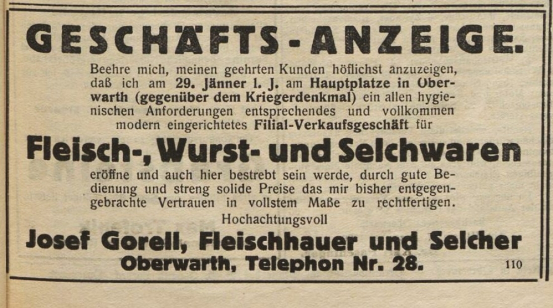 Anzeige der Geschäftseröffnung der Fleischerei und Selcherei Josef Gorell an der Adresse OW 150 / Hauptplatz 4 in der Oberwarther Sonntags = Zeitung vom 23. Jänner 1927