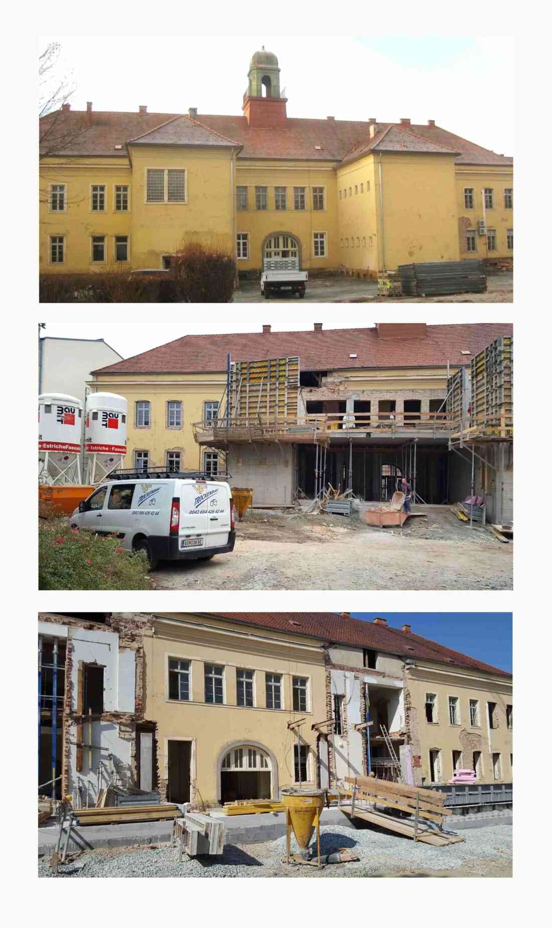 Rückansichten des Rathauses vor und während des Um- und Ausbaus von 2015 bis 2017