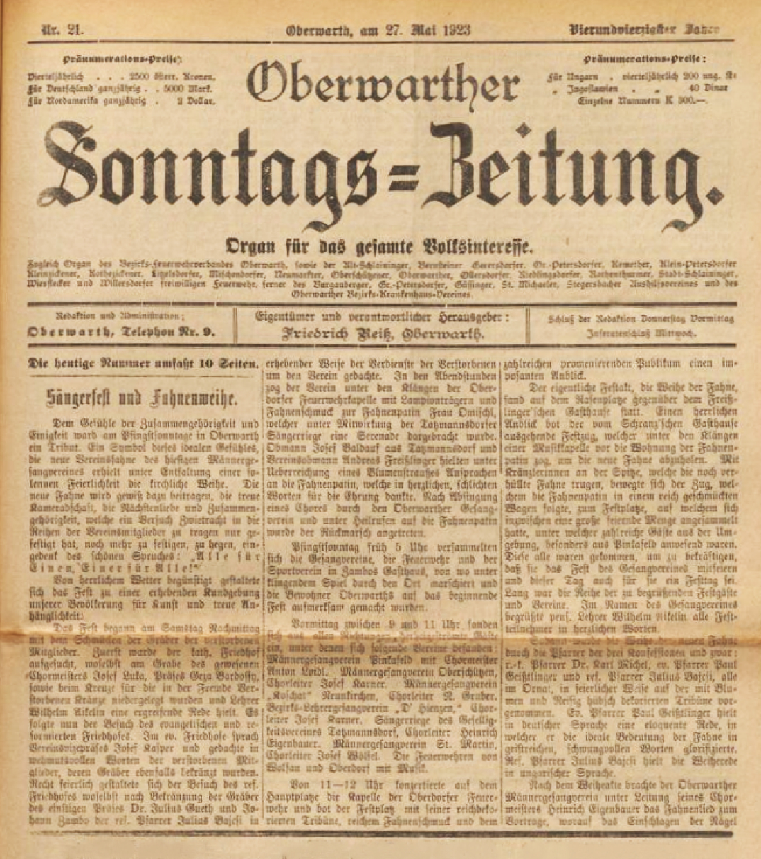 Titelseite der Oberwarther Sonntags = Zeitung vom 27. Mai 1923: Männergesangverein: "Sängerfest und Fahnenweihe"