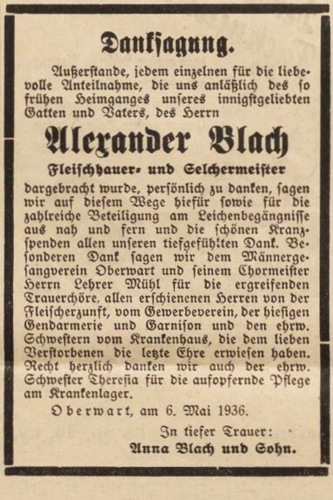 Oberwarther = Sonntagszeitung vom 10. Mai 1936: Danksagung anlässlich des Ablebens von Fleischermeister Alexander Blach sen.  (*1888/+1936)