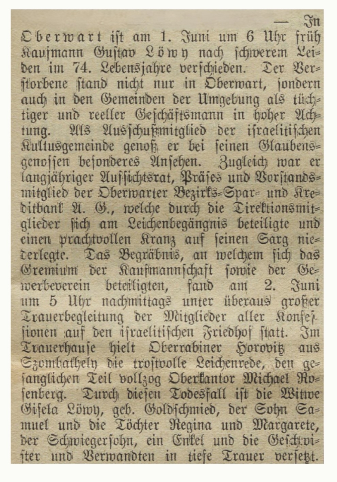 Jüdische Gemeinde: Bericht in der Oberwarther Sonntags = Zeitung vom 9. Juni 1935 zum Ableben von Kaufmann Gustav Löwy (*1860/+1935)
