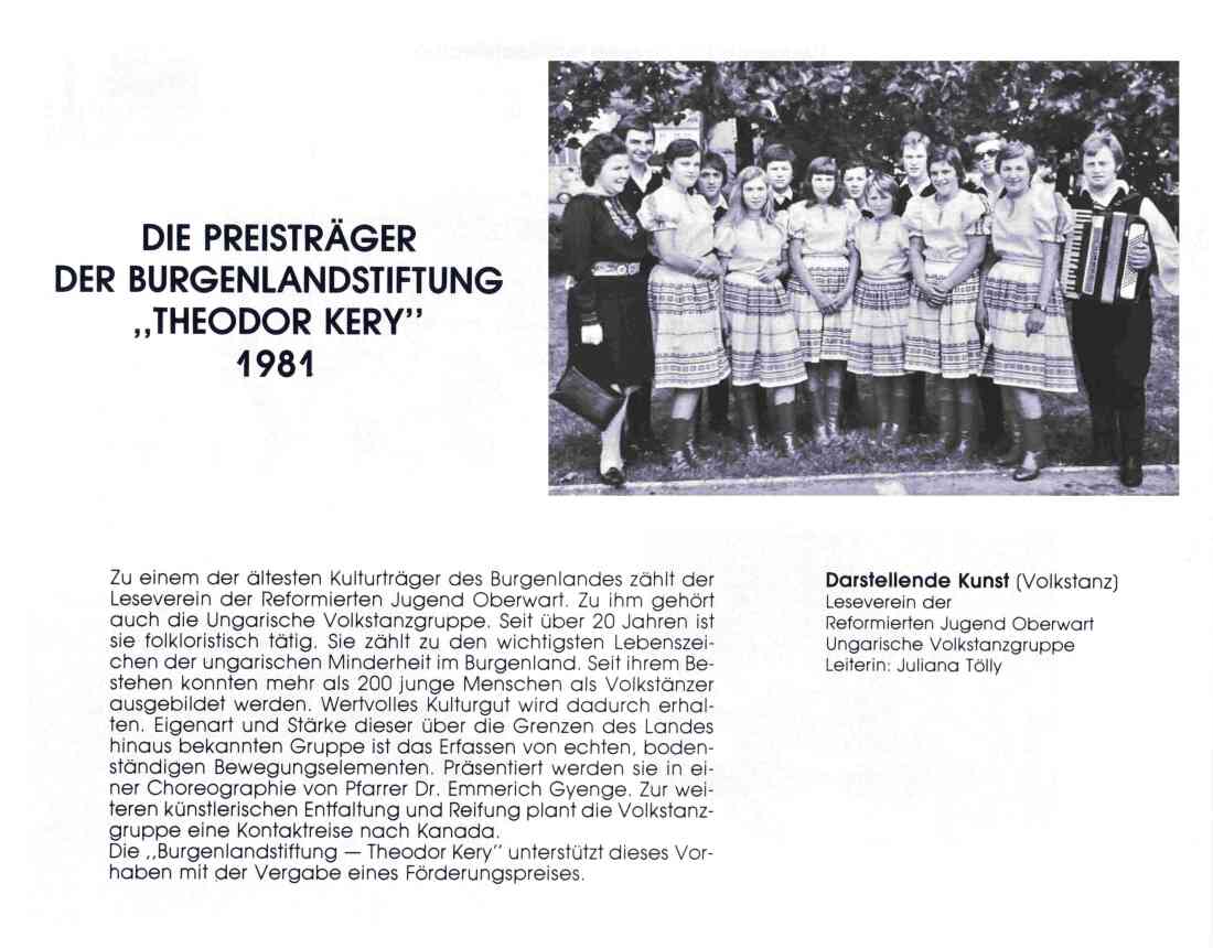 Leseverein der Reformierten Jugend - Ungarische Volkstanzgruppe: Förderungspreis durch die "Kery-Stiftung"