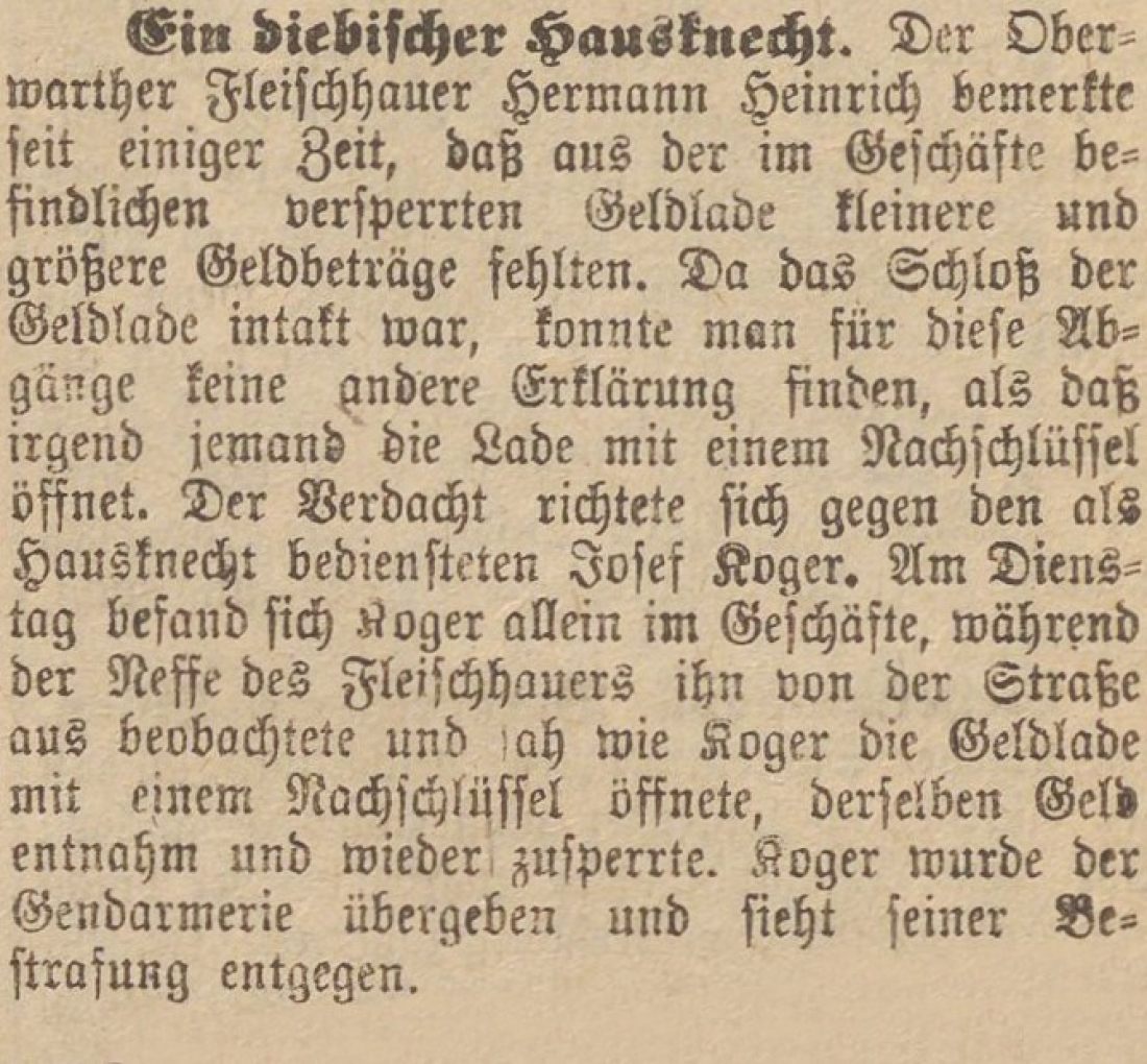 Oberwarther = Sonntagszeitung: "Ein diebischer Hausknecht" in der Fleischerei Heinrich Hermann (OW 145b / Hauptplatz 10)