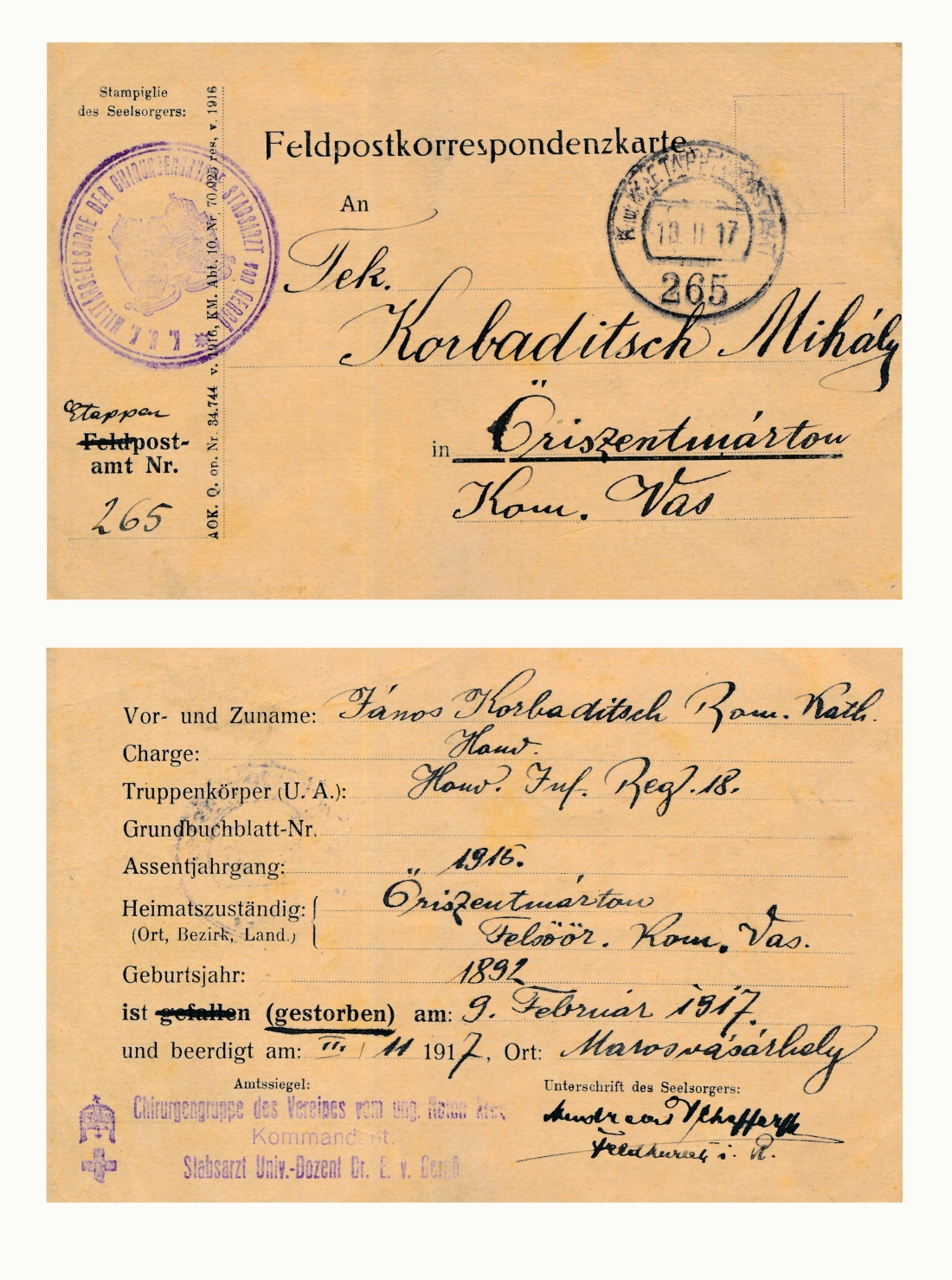 Feldpostkarte als Verständigung über den Tod von Janos / Johann Korbadits (*1892/+1917) - St. Martin 45 / Franz Korbadits Straße 7)