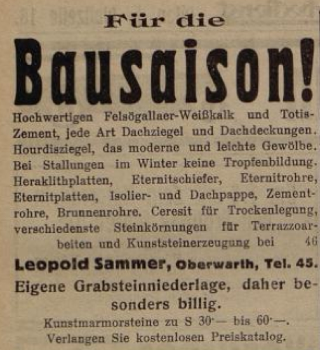 Inserat der Fa. Leopold Sammer (später Samer) - Baustoffe, Dachdeckerei und Grabsteinniederlage (Steinamangererstraße 22) am 7. Mai 1933 in der Oberwarther Sonntags = Zeitung