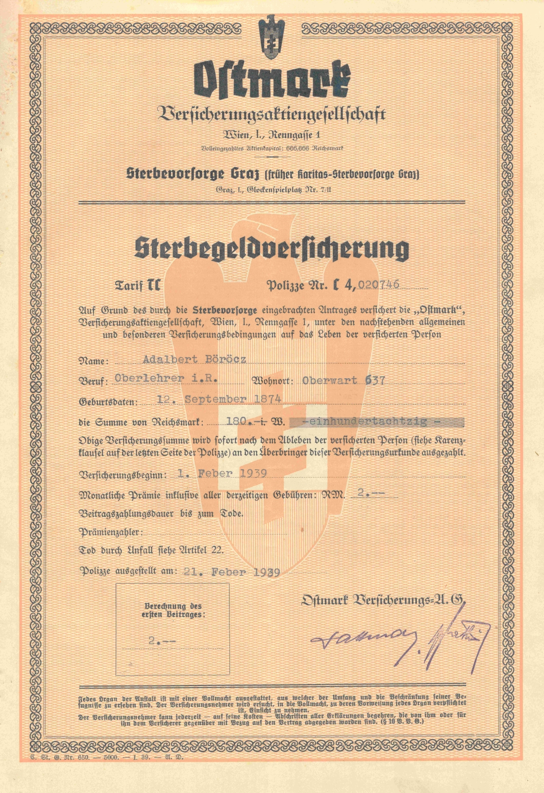 Polizze einer Sterbegeldversicherung bei der "Ostmark Versicherungsaktiengesellschaft" in Graz für Adalbert Böröcz (röm. kath. Lehrer, *1874/+1948)