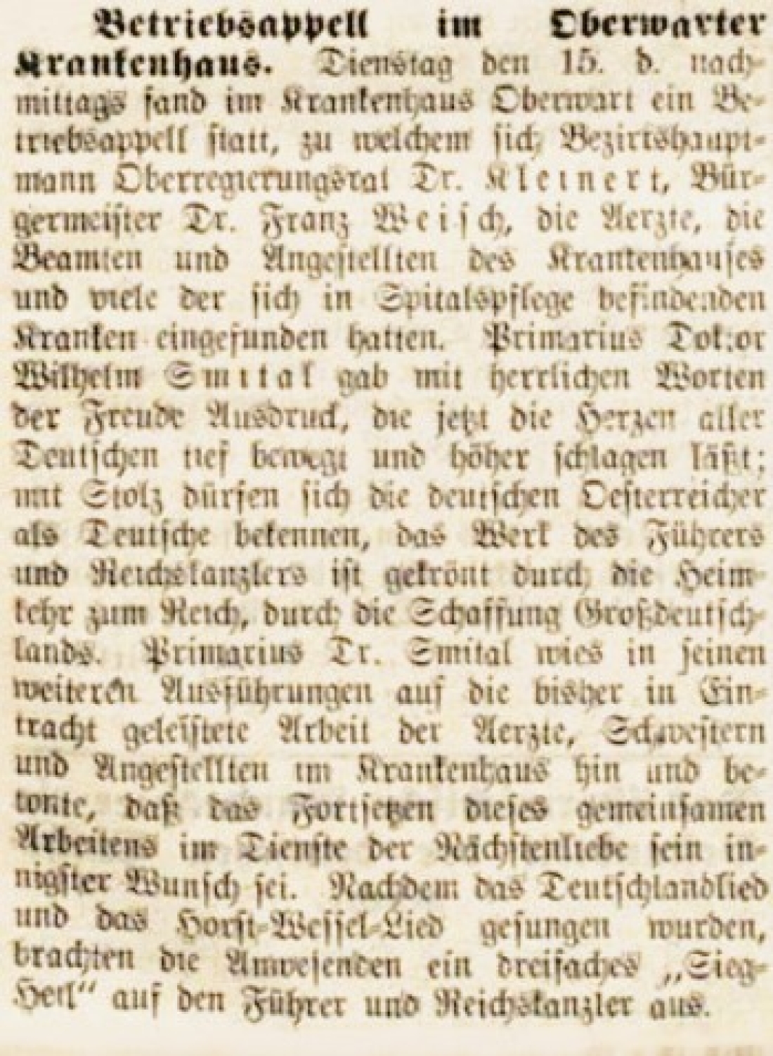 Oberwarther Sonntags = Zeitung vom 20. März 1938: Artikel über einen Betriebappell nach dem "Anschluss an das Deutsche Reich" im Krankenhaus Oberwart - Smital