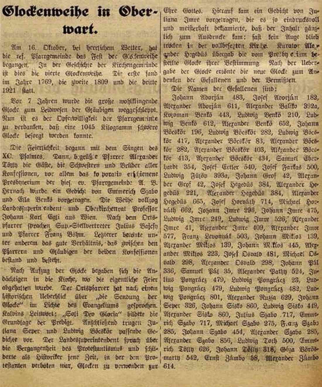 Artikel in der Oberwarter Zeitung: Reformierte Pfarrgemeinde - Glockenweihe nach dem Krieg am 16. Oktober 1949