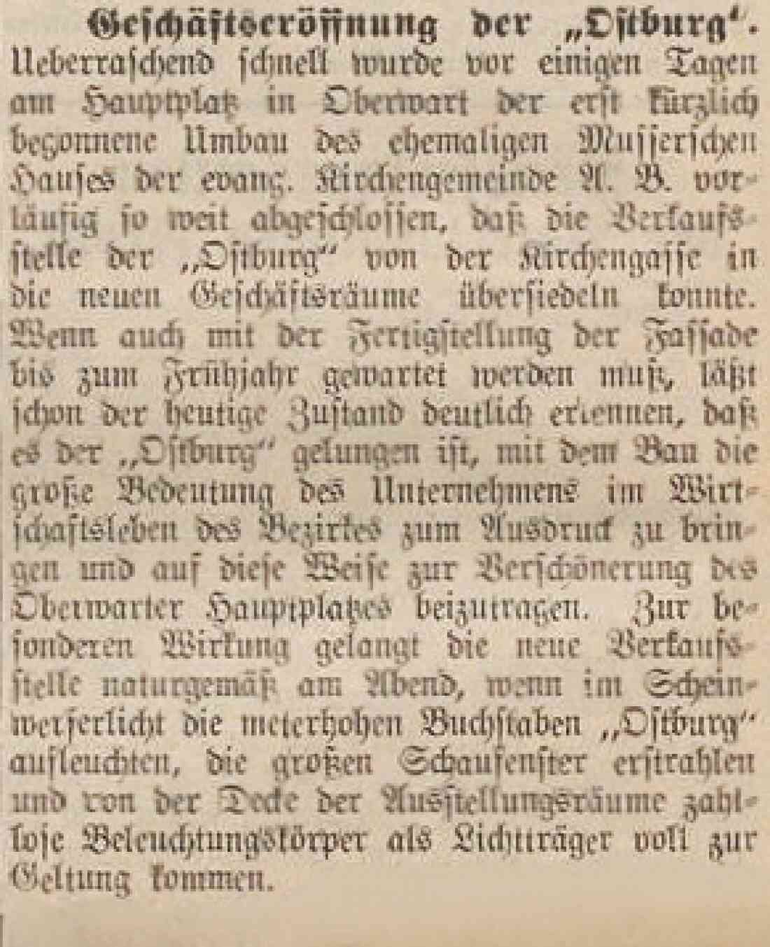 Artikel in der Oberwarther Sonntags-Zeitung vom 13. Dezember 1936: Eröffnung der "Ostburg"
