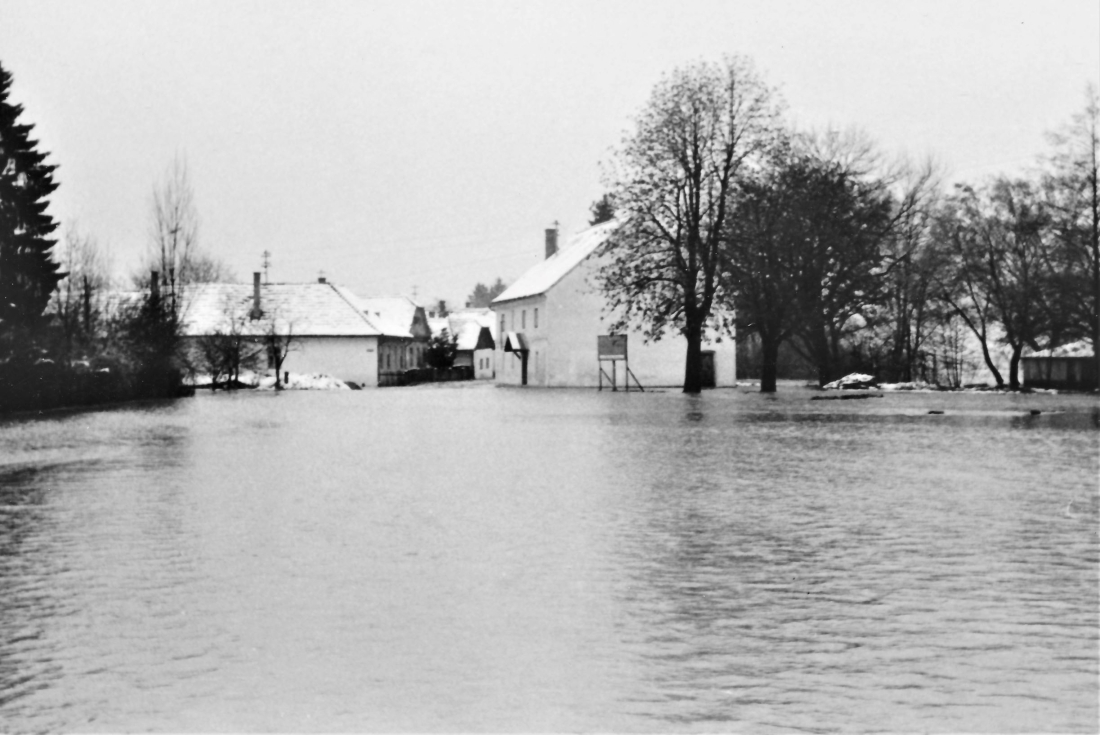 Hochwasser am Wehoferbach 1965: der Badplatz ist bereits uberflutet - Blick auf die Raffelmühle