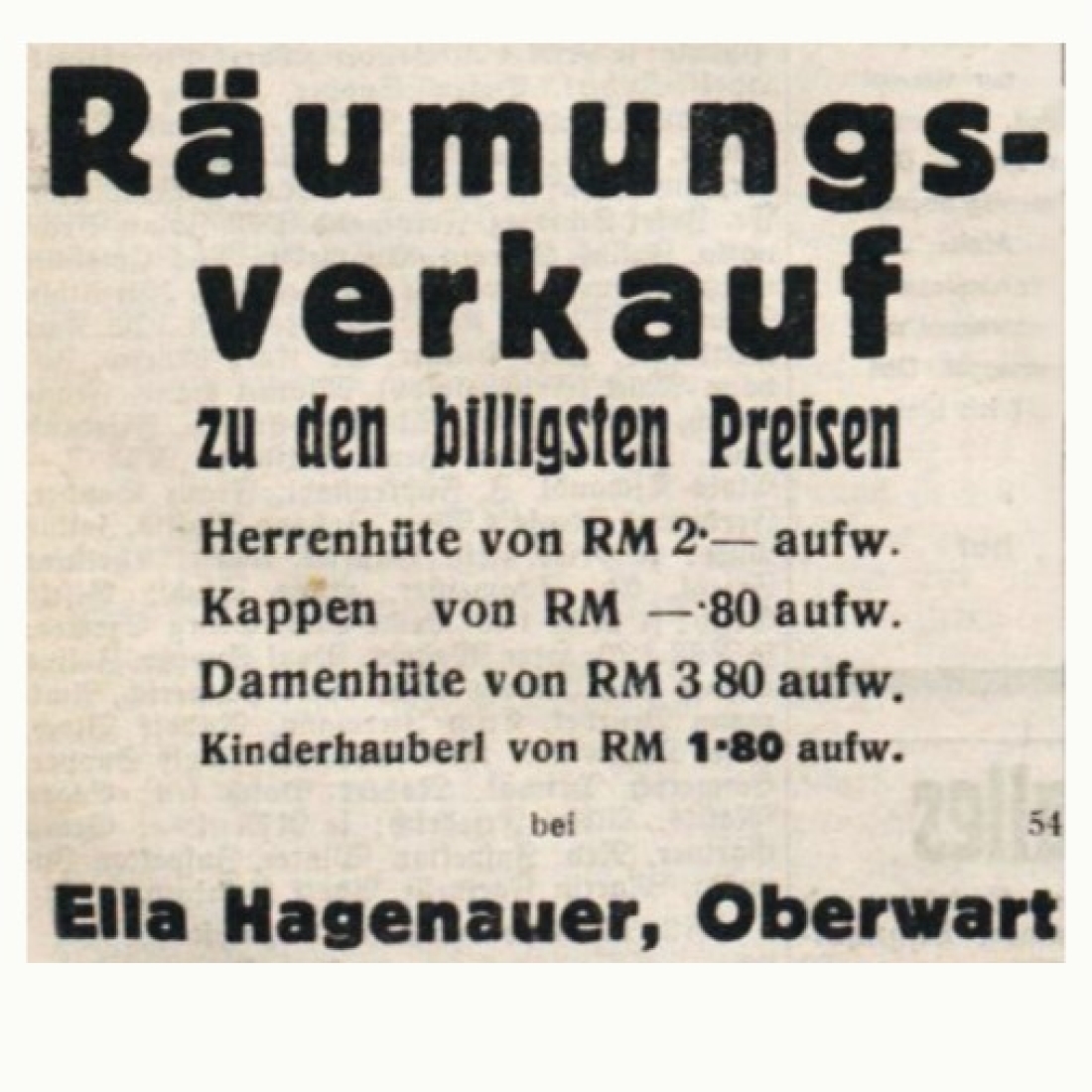 Hut- und Kappengeschäft Ella Hagenauer: Einschaltung in der Oberwarther Sonntags = Zeitung - OZ vom 22. Januar 1939 / Arisierung
