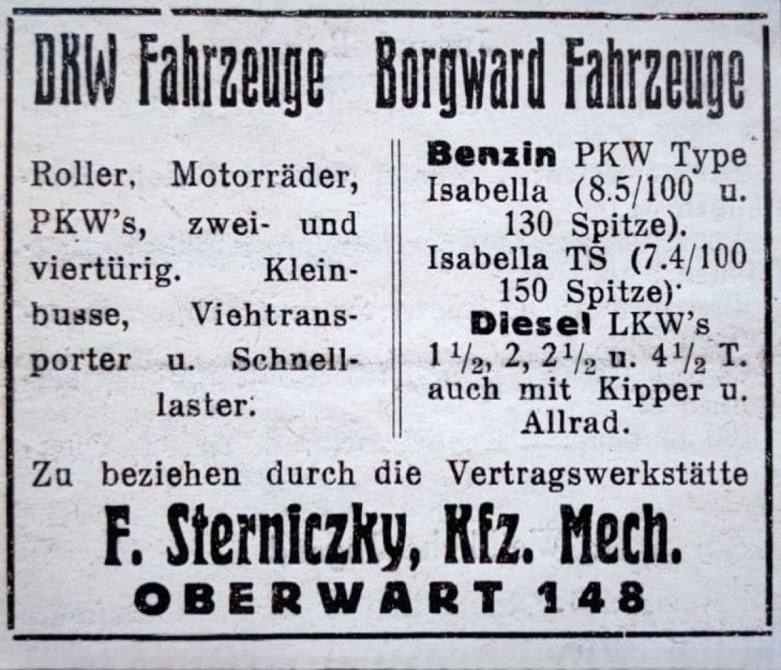 Announce in der Oberwarter zeitung von Mechaniker Franz Sterniczky - OW 148/Hauptplatz 5