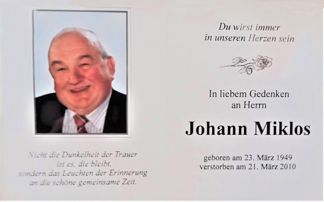 Gedenkbilderkärtchen Johann Miklos (*1949/2010)