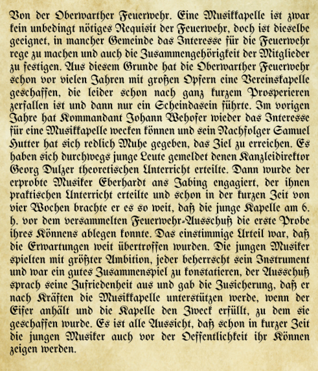 Artikel in der Oberwarther Sonntags = Zeitung vom 15. März 1925: Von der Oberwarther Feuerwehr / Feuerwehrkapelle