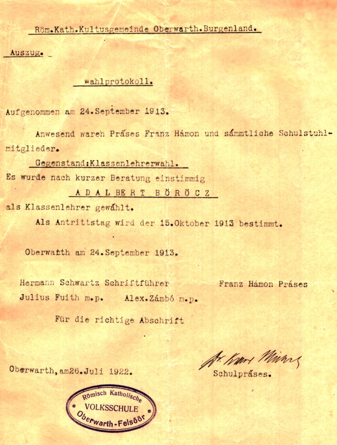 Auszug aus dem Wahlprotokoll der Röm. Kath. Kultusgemeinde zur Anstellung von Adalbert bzw. Bela Böröcz (*1874/+1948 -- OW 585 / Steinamangererstraße 47) als Lehrer der r.k. Volksschule