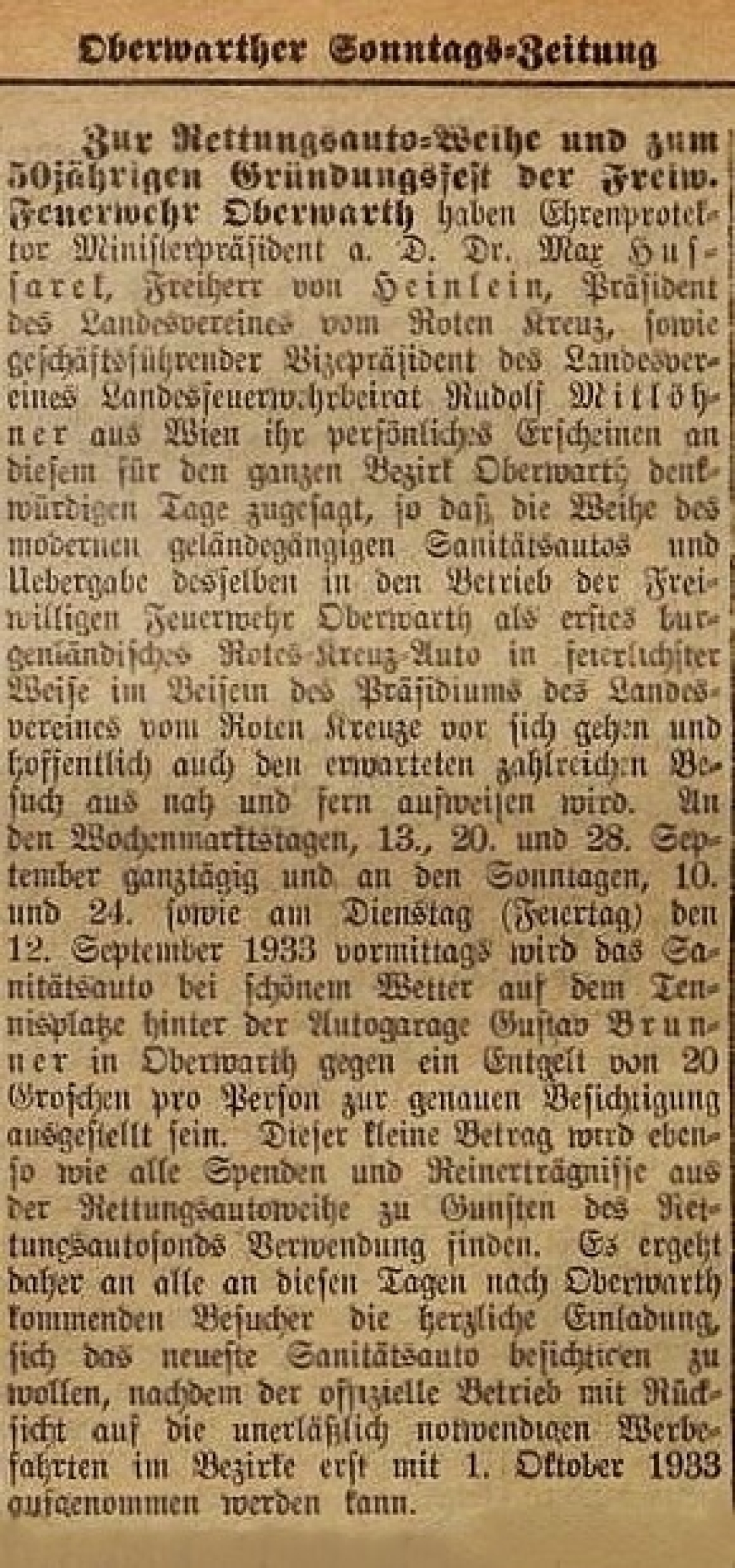 Rotes Kreuz / Feuerwehr: Bericht in der Oberwarther Sonntags = Zeitung vom 27. August 1933 - Rettungsautoweihe und 50-jähriges Gründungsfest der Feuerwehr