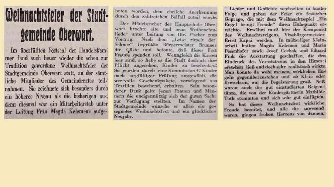 Artikel in der Oberwarter Zeitung vom 12. Dezember 1954: Weihnachtsfeier der Stadtgemeinde mit einem Weihnachtsspiel der Schulen "Ein Engel bringt Freude"