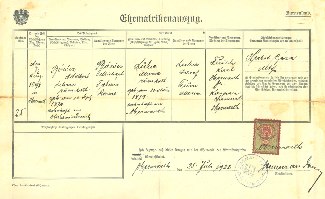 Ehematrikenauszug zur Heirat von Adalbert Böröcz (*1874/+1948) und "Maria" Irma Luka (*1879/+1968)