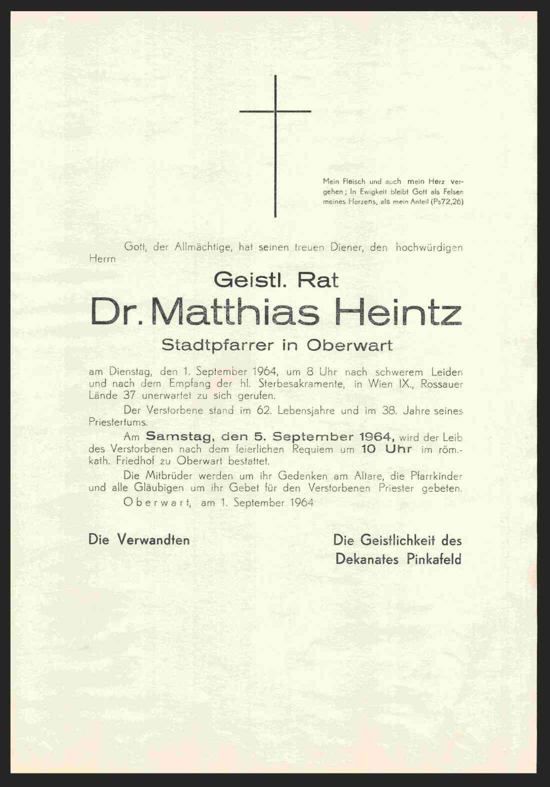Röm. kath. Pfarre: Parte von Geistlichem Rat Stadtpfarrer Dr. Matthias Heintz (*1903/+1964)
