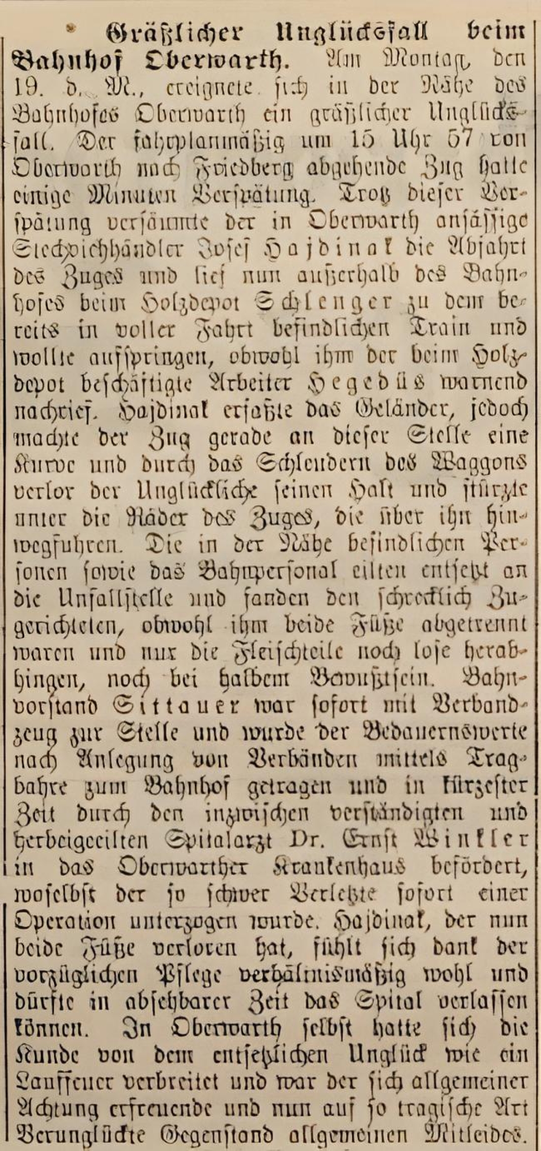 Artikel in der Oberwarther Sonntags = Zeitung vom 25. Mai 1930: Gräßlicher Unglücksfall von Josef Hajdinak (Stechviehhändler, *1899/+1953) - OW 116 / Am Telek 2a
