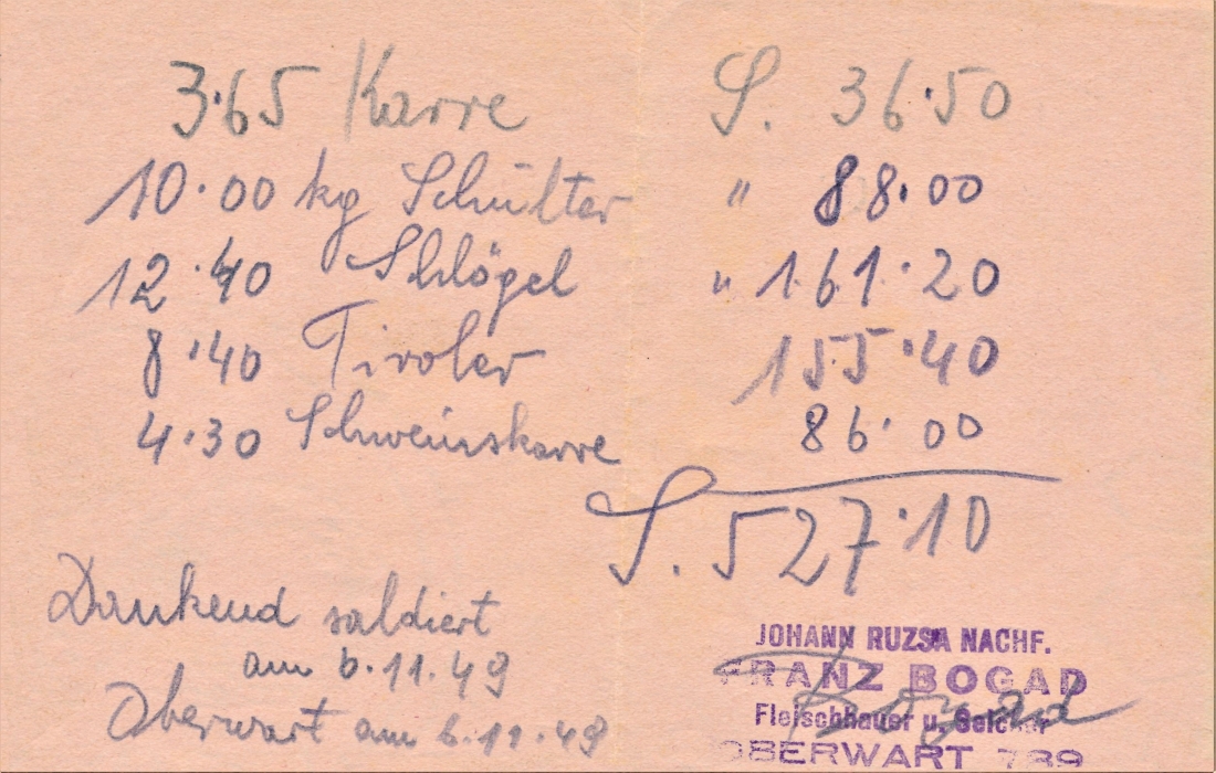 Rechnung des Fleischhauers Franz Bogad an das damalige Gasthaus Pratser aus dem Jahre 1949