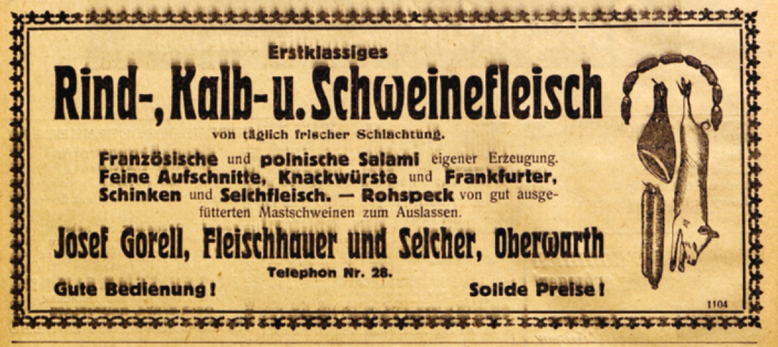 Anzeige von Fleischhauer und Selcher Josef Gorell (Evang. Kirchengasse 12) in der Oberwarther Sonntags = Zeitung vom 19. Dezember 1926