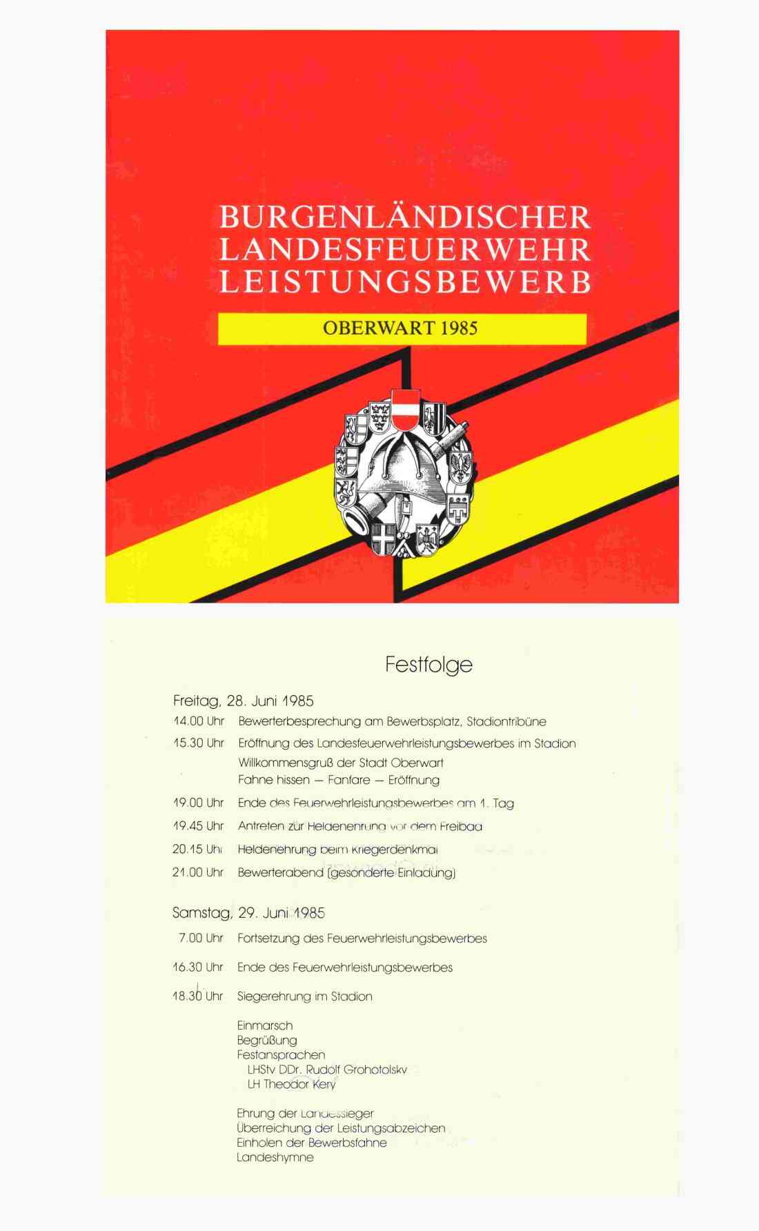 Bgld. Landesfeuerwehleistungsbewerb 1985 in Oberwart : Einladung mit Festfolge