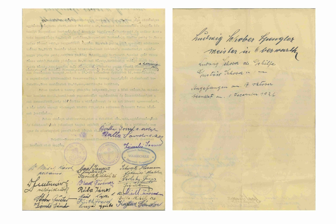 Röm. kath. Pfarre: Schreiben in der Zeitkapsel, das bei der Abnahme des Turmkreuzes an der Spitze der Aufbahrungskirche Maria Himmelfahrt entdeckt wurde