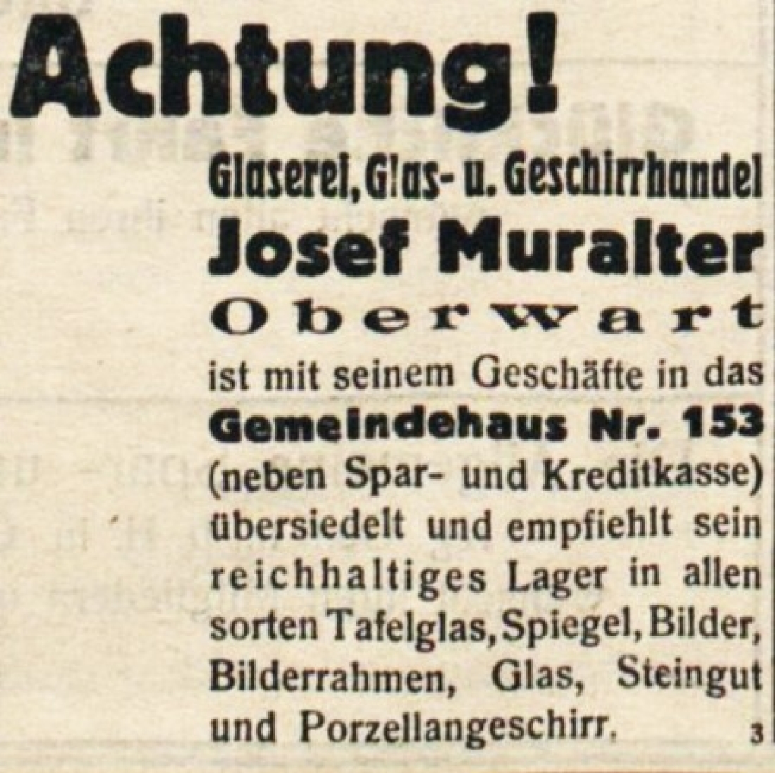 Oberwarther Sonntags = Zeitung vom 1. Jänner 1939: Bekanntgabe des Umzugs der Fa. Glaserei Muralter ( Arisierung) - OW 153 (Gemeindehaus) / Wienerstraße 2