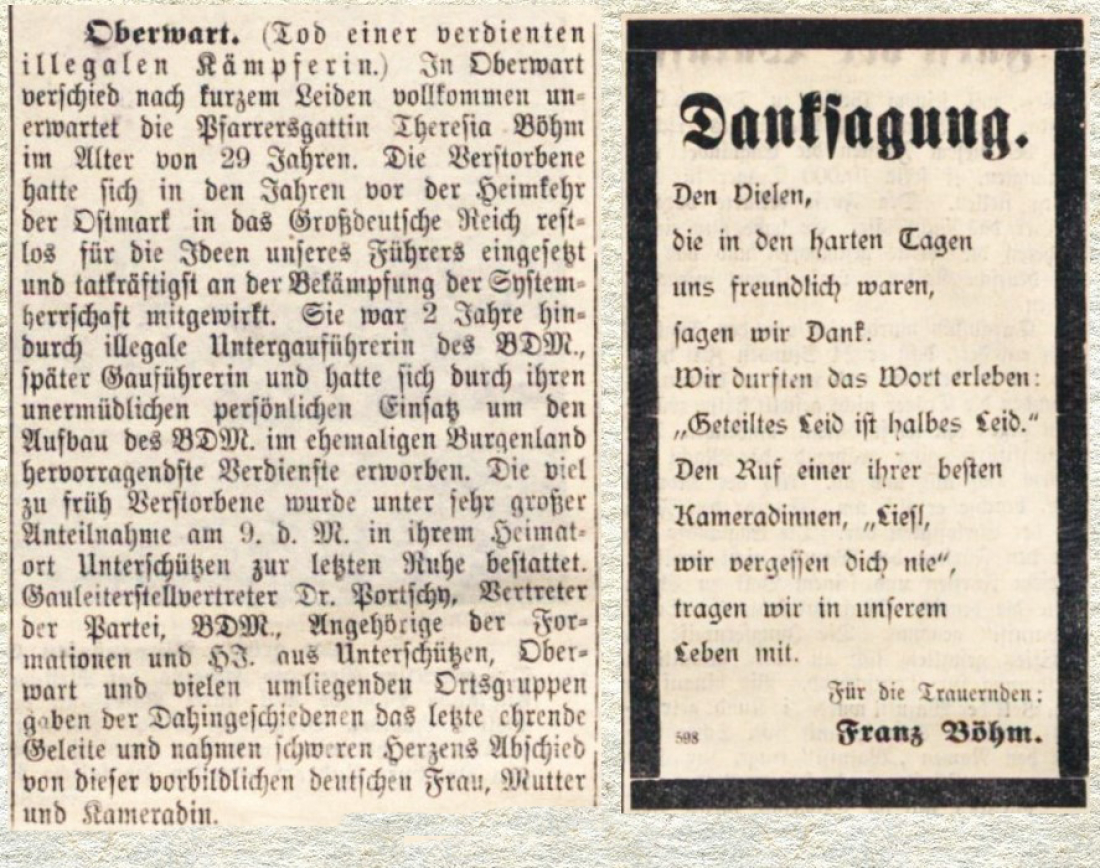 Bericht und Danksagung anlässlich des Ablebens von Theresia Böhm (*1910/+1939) in der Oberwarther Sonntags = Zeitung vom Dezember 1939