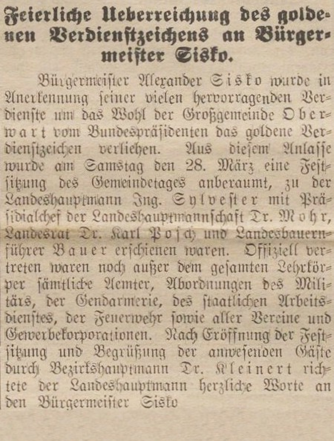 Oberwarther = Sonntagszeitung vom 5. April 1936: Feierliche Überreichung des Goldenen Verdienstzeichens an Bürgermeister Alexander Sisko