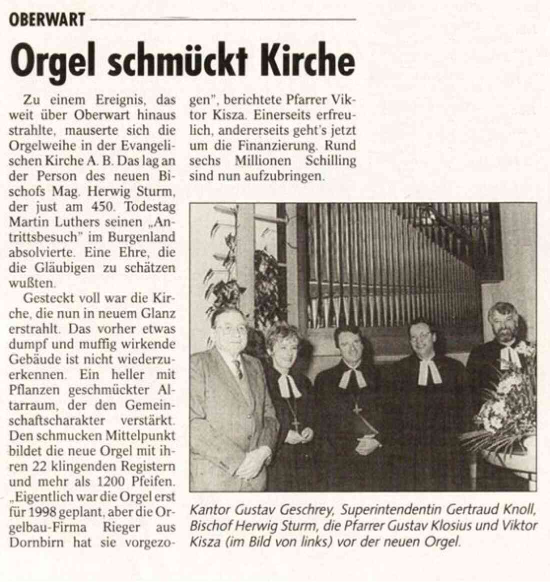 Evang. Pfarre AB: Bericht in der BF vom 13. März 1996 über die neue Orgel - Geschrey/Knoll/Sturm/Klosius/Kisza