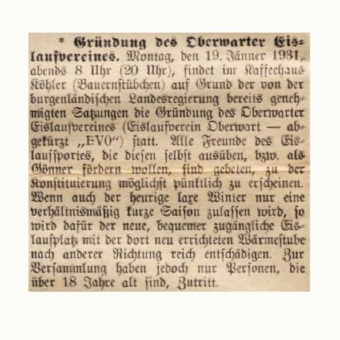 Artikel in der Oberwarther Sonntags = Zeitung vom 18. Jänner 1931 zur Gründung des Oberwarter Eislaufvereins