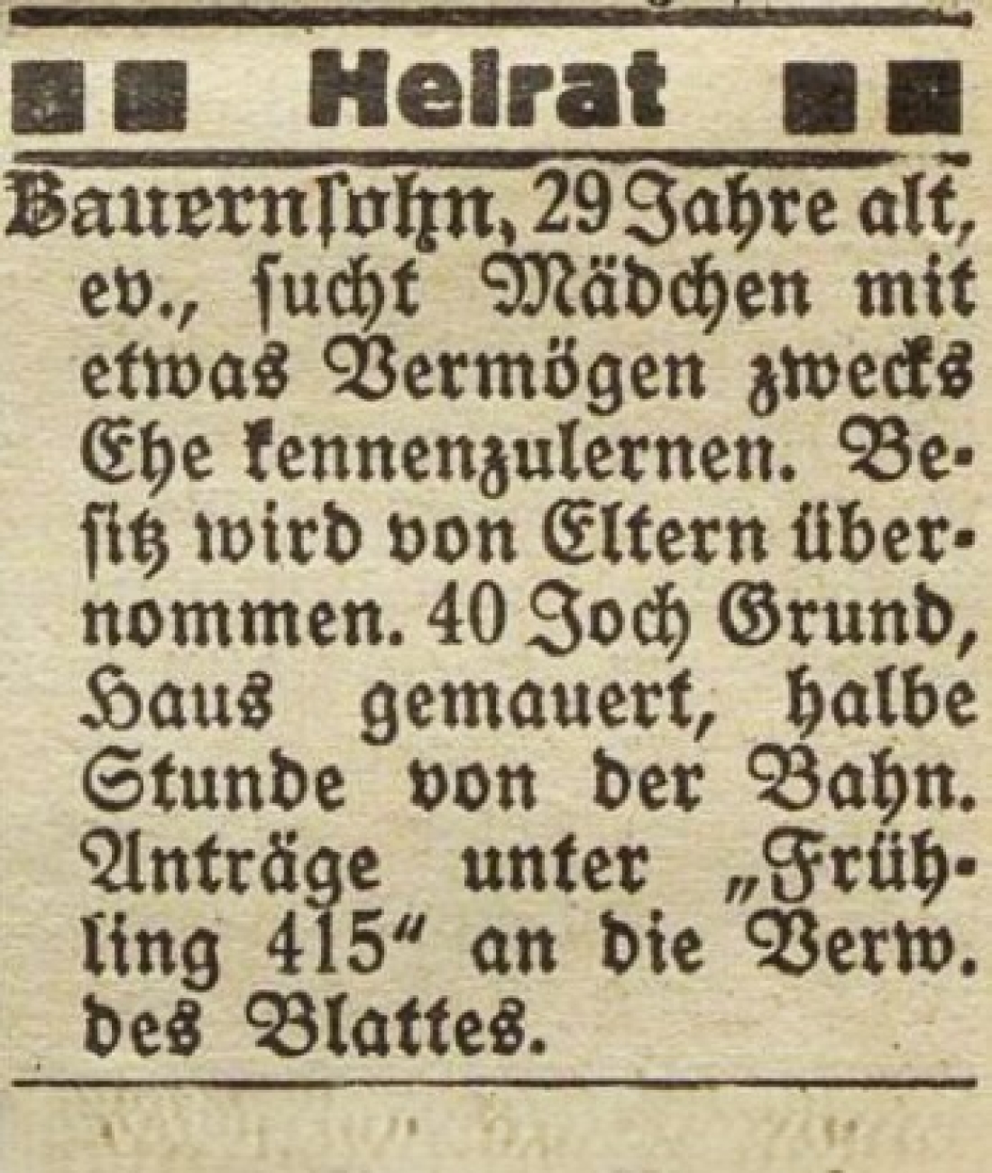 Heiratsinserat in der Oberwarther Sonntags = Zeitung vom 28. Jänner 1934 "Bauer sucht Frau"