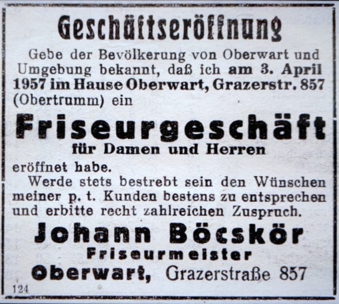 Announce in der Oberarter Zeitung vom April 1957 zur Eröffnung des Friseurgeschäfts Johann Böcskör - Grazerstraße 857