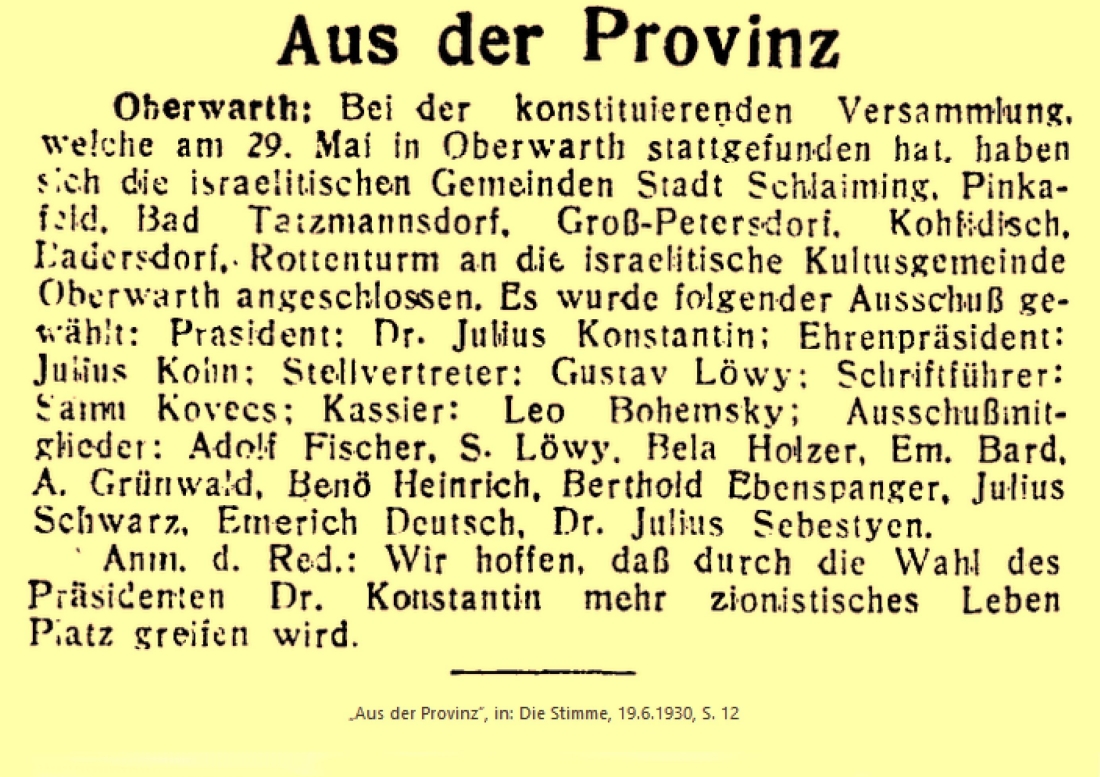 Jüdische Gemeinde: Bericht über die "Konstituierende Versammlung zum Anschluss umliegender Gemeinden an die Kultusgemeinde Oberwarth"