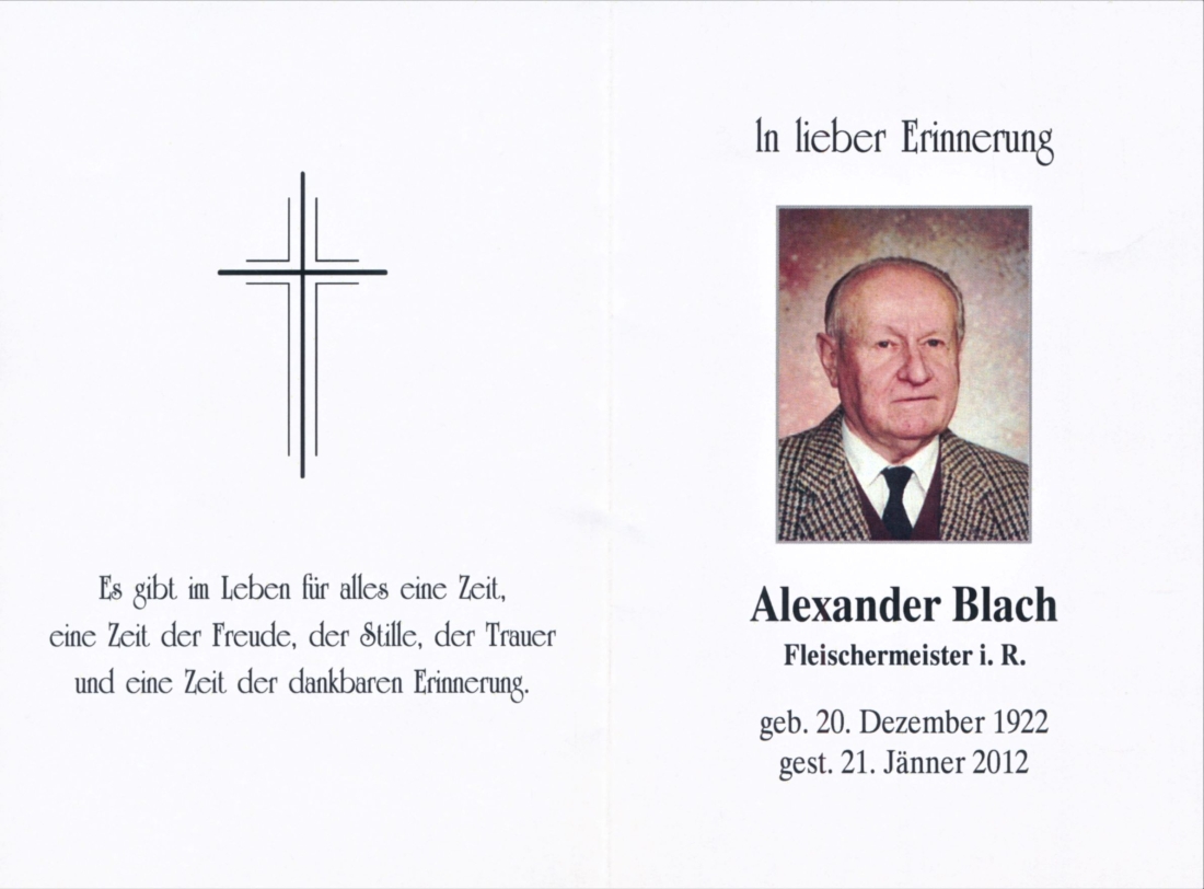 Erinnerungskärtchen: Fleischermeister Alexander Blach jun. (*1922/+2012)