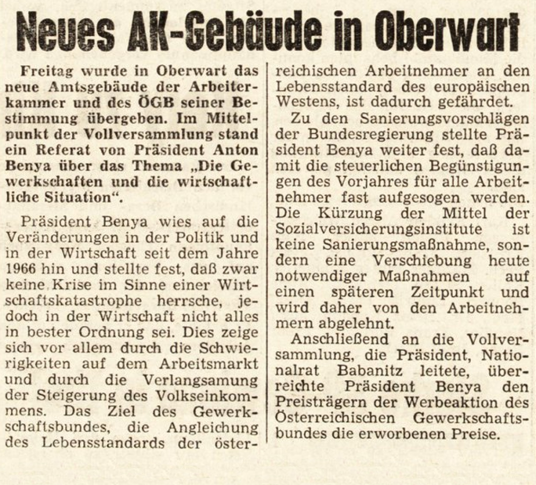 BF vom 4. April 1968: Neueröffnung des AK- und ÖGB-Gebäudes durch Präs. Anton Benya