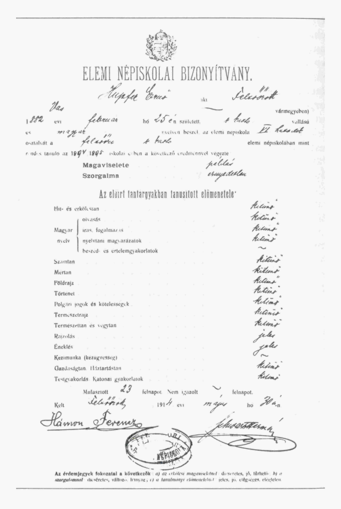 "Elemi Nepiskolai Bizonyitvany" - Grundschulzeugnis der röm. kath. Schule des Ernö Hupfer vom 30. Mai 1914