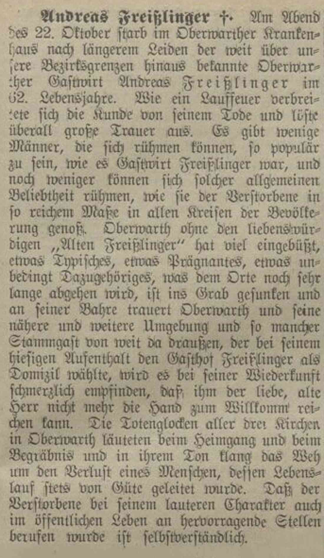 Nachruf für Gastwirt Andreas Freißlinger (*Oberwarth 1872/+ Oberwarth 1934) in der Oberwarther Sonntags-Zeitung vom 28. Oktober 1934 (Seite 5)