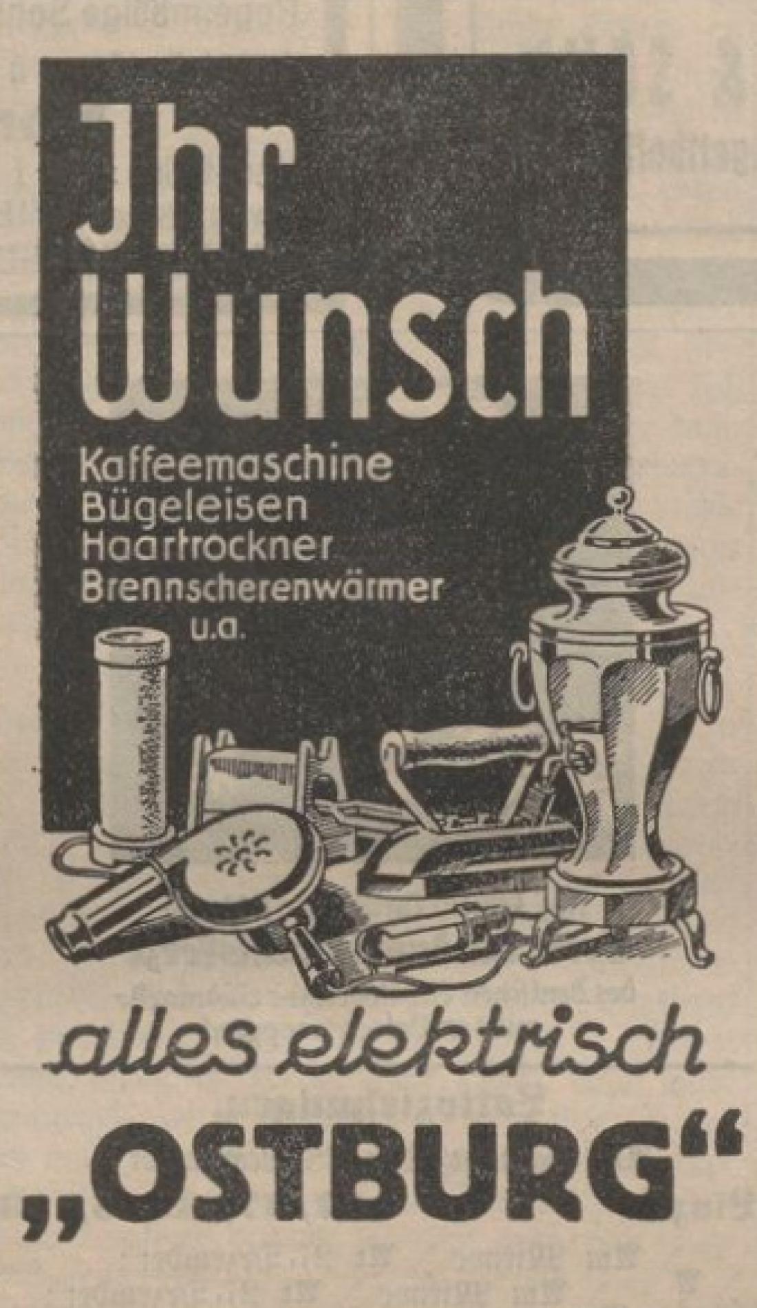 Announce in der Oberwarther = Sonntagszeitung vom 6. Dezember 1936: Werbung der "Ostburg" anlässlich der Neueröffnung eines Geschaftslökals
