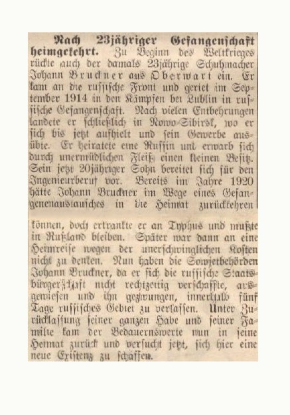 Artikel in der Oberwarther Sonntags = Zeitung/später OZ vom 14. 11. 1937: Heimgekehr aus russ. Gefangenschaft von J. Bruckner nach 23 J.