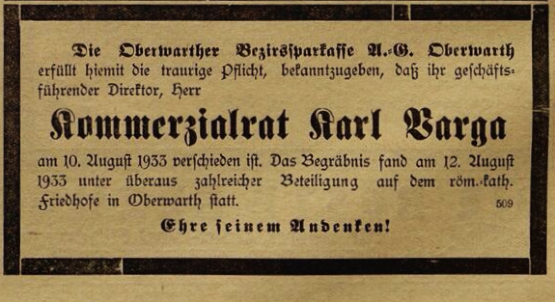 Traueranzeige der Oberwarther Bezirkssparkasse A.G. zum Tod Ihres Direktors KR Karl Varga (*1885/+1933)