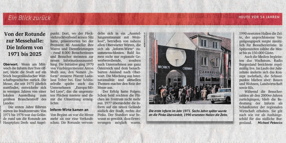 Artikel von Michale Pekovits im Kurir vom 25. August 2025 "Von der Rotunde zur Messehalle - Die Inform von 1971 bis 2025"
