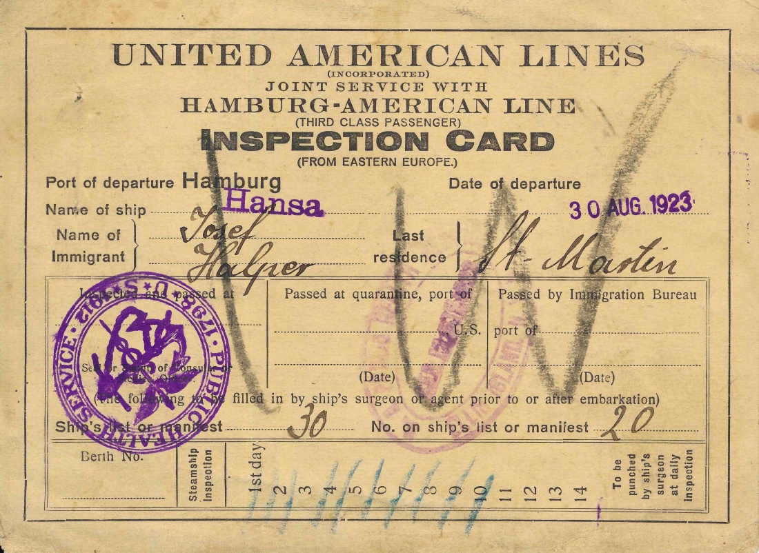 "Inspection Card" der United American Lines zur Überfahrt Hamburg - New York für Josef Halper (St. Martin, *1895/+1971) vom 23. August 1923 - Third Class Passenger